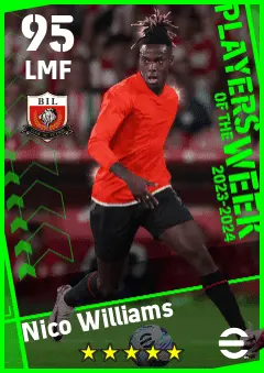 Nico Williams eFootball 2026 player card — 95 OVR LMF