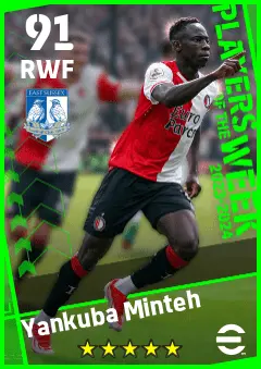 Yankuba Minteh eFootball 2026 player card — 91 OVR RWF