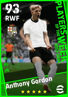 Anthony Gordon eFootball 2026 player card — 93 OVR RWF