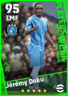 Jeremy Doku eFootball 2026 player card — 95 OVR LMF