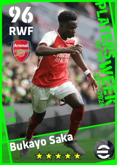Bukayo Saka eFootball 2026 player card — 96 OVR RWF