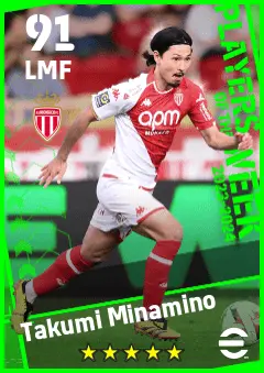 Takumi Minamino eFootball 2026 player card — 91 OVR LMF