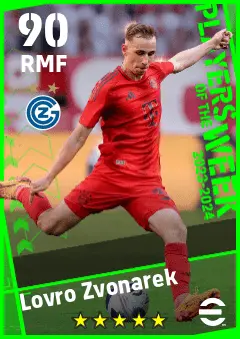 Lovro Zvonarek eFootball 2026 player card — 90 OVR RMF
