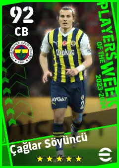 Caglar Soyuncu eFootball 2026 player card — 92 OVR CB