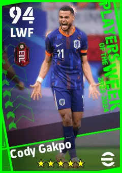 Cody Gakpo eFootball 2026 player card — 94 OVR LWF