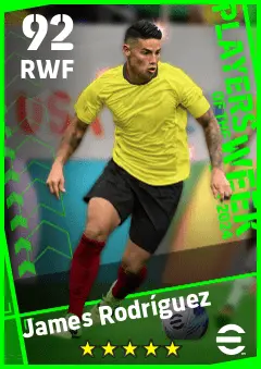 James Rodriguez eFootball 2026 player card — 92 OVR RWF