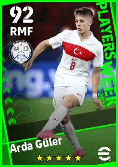 Arda Guler eFootball 2026 player card — 92 OVR RMF