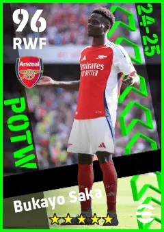 Bukayo Saka eFootball 2026 player card — 96 OVR RWF