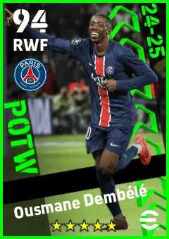 Ousmane Dembele eFootball 2026 player card — 94 OVR RWF