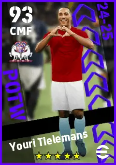 Youri Tielemans eFootball 2026 player card — 93 OVR CMF