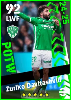 Zuriko Davitashvili eFootball 2026 player card — 92 OVR LWF