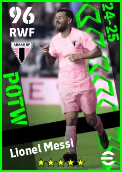 Lionel Messi eFootball 2026 player card — 96 OVR RWF