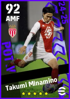 Takumi Minamino eFootball 2026 player card — 92 OVR AMF