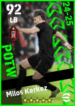 Milos Kerkez eFootball 2026 player card — 92 OVR LB