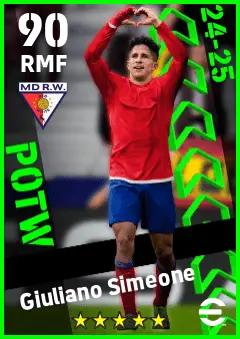 Giuliano Simeone eFootball 2026 player card — 90 OVR RMF