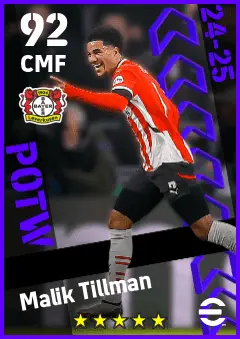 Malik Tillman eFootball 2026 player card — 92 OVR CMF