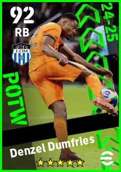 Denzel Dumfries eFootball 2026 player card — 92 OVR RB