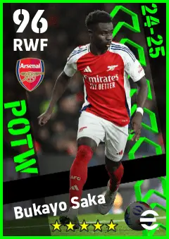 Bukayo Saka eFootball 2026 player card — 96 OVR RWF