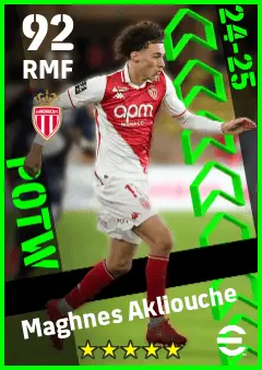 Maghnes Akliouche eFootball 2026 player card — 92 OVR RMF