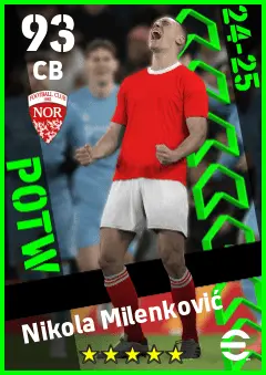 Nikola Milenkovic eFootball 2026 player card — 93 OVR CB