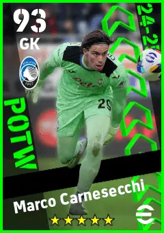 Marco Carnesecchi eFootball 2026 player card — 93 OVR GK
