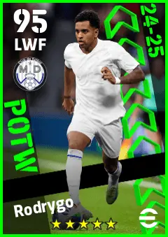 Rodrygo eFootball 2026 player card — 95 OVR LWF