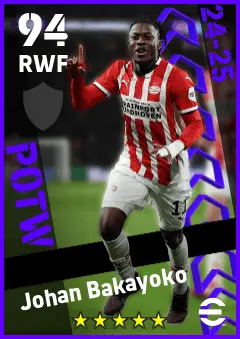 Johan Bakayoko eFootball 2026 player card — 94 OVR RWF