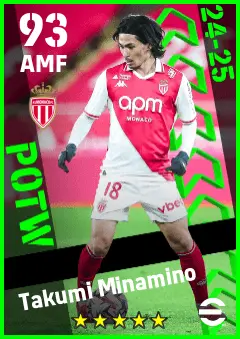 Takumi Minamino eFootball 2026 player card — 93 OVR AMF