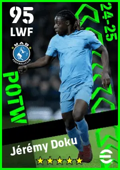 Jeremy Doku eFootball 2026 player card — 95 OVR LWF