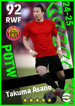 Takuma Asano eFootball 2026 player card — 92 OVR RWF