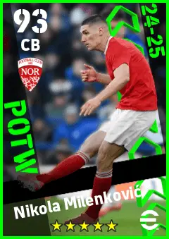 Nikola Milenkovic eFootball 2026 player card — 93 OVR CB