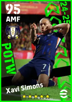 Xavi Simons eFootball 2026 player card — 95 OVR AMF