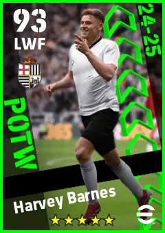Harvey Barnes eFootball 2026 player card — 93 OVR LWF
