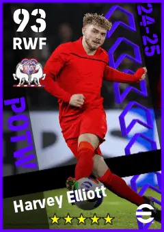 Harvey Elliott eFootball 2026 player card — 93 OVR RWF