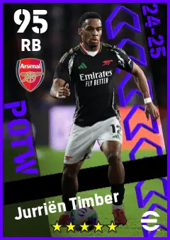 Jurrien Timber eFootball 2026 player card — 95 OVR RB