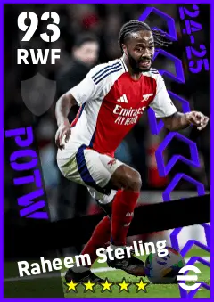 Raheem Sterling eFootball 2026 player card — 93 OVR RWF