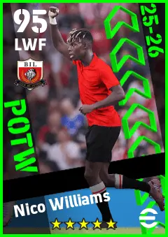 Nico Williams eFootball 2026 player card — 95 OVR LWF