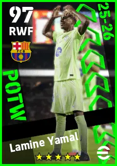 Lamine Yamal eFootball 2026 player card — 97 OVR RWF
