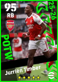 Jurrien Timber eFootball 2026 player card — 95 OVR RB
