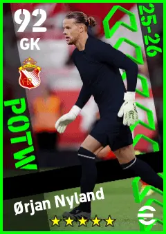 Orjan Nyland eFootball 2026 player card — 92 OVR GK