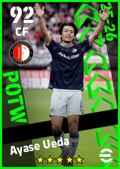 Ayase Ueda eFootball 2026 player card — 92 OVR CF