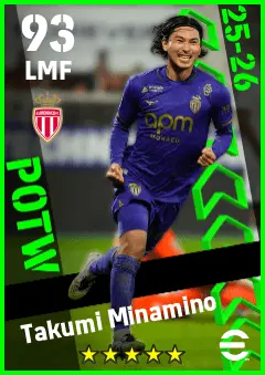Takumi Minamino eFootball 2026 player card — 93 OVR LMF