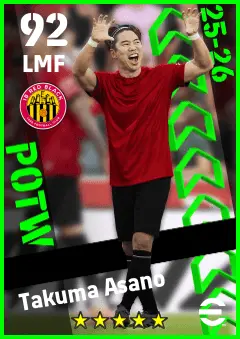Takuma Asano eFootball 2026 player card — 92 OVR LMF