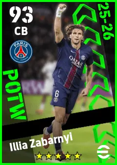 Illia Zabarnyi eFootball 2026 player card — 93 OVR CB