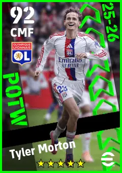 Tyler Morton eFootball 2026 player card — 92 OVR CMF