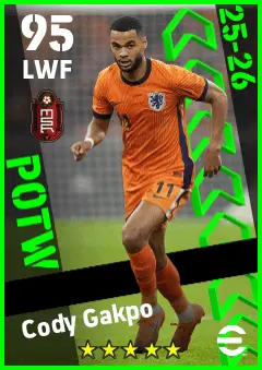 Cody Gakpo eFootball 2026 player card — 95 OVR LWF