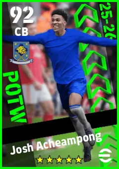 Josh Acheampong eFootball 2026 player card — 92 OVR CB