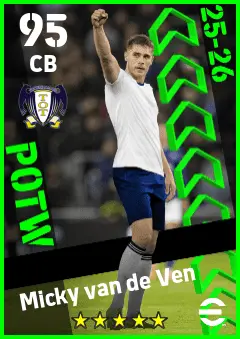 Micky van de Ven eFootball 2026 player card — 95 OVR CB