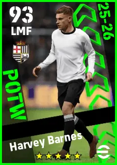 Harvey Barnes eFootball 2026 player card — 93 OVR LMF