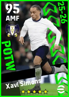 Xavi Simons eFootball 2026 player card — 95 OVR AMF